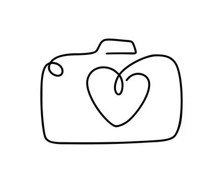 Minimalist vector line art depicting a camera with a heart inside, symbolizin Stock Illustration