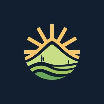 Minimalist vector logo featuring sunrise over rolling hills and farmland wi.. Illustrazione stock