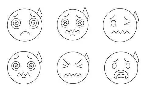 Minimalist Vector Outline Bundle of Sick and Dizzy Emoji Faces for Coloring.. Stock Illustration