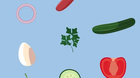 Minimalist vegetable and sausage flat lay animation falling on blue backgroun 動画素材 339063381