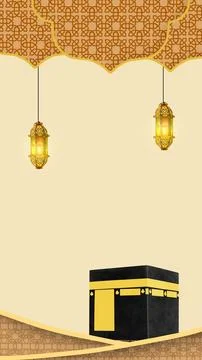 A minimalist vertical background featuring the Kaaba, glowing decorative la.. Foto stock