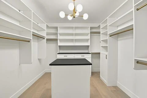 Minimalist walk-in closet features white cabinetry and wooden flooring 库存插图