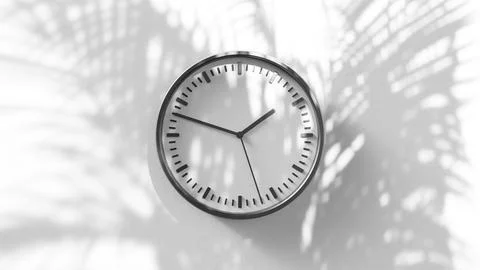 Minimalist Wall Clock with Shadow Cast from Sunlit Palm Leaves 스톡 일러스트