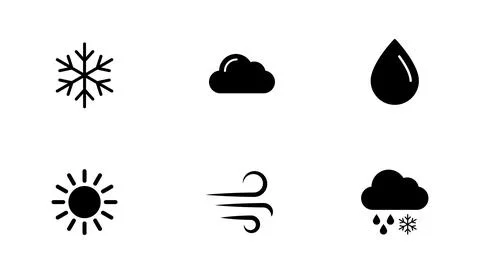 Minimalist weather icon set featuring snowflake cloud rain sun and wind symbo Stock Illustration