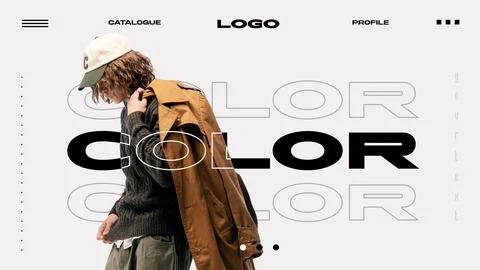 Minimalist web layout. Man in oversized brown trench coat, green sweater, cap Stock Photos