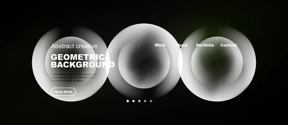 Minimalist website design features overlapping circles, text elements, dark 库存插图