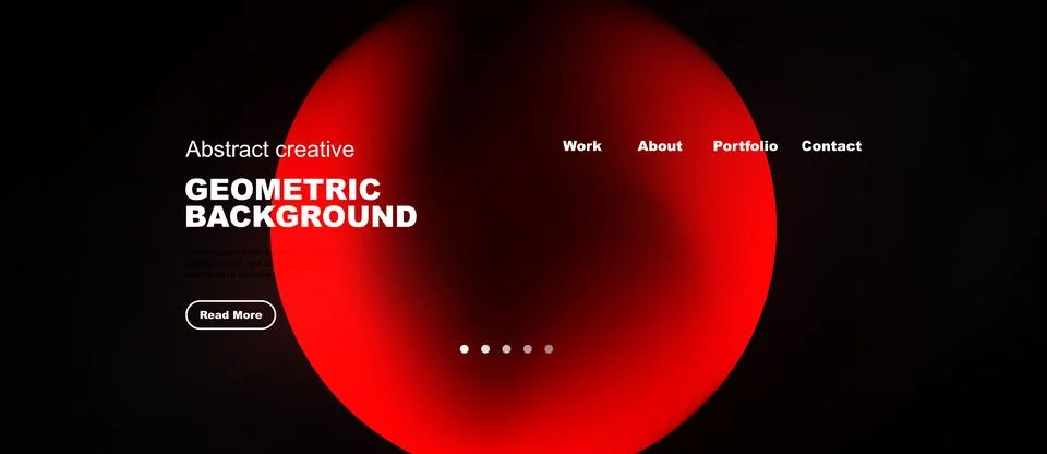 Minimalist website design features red orb, text elements. Navigation include Illustrazione stock