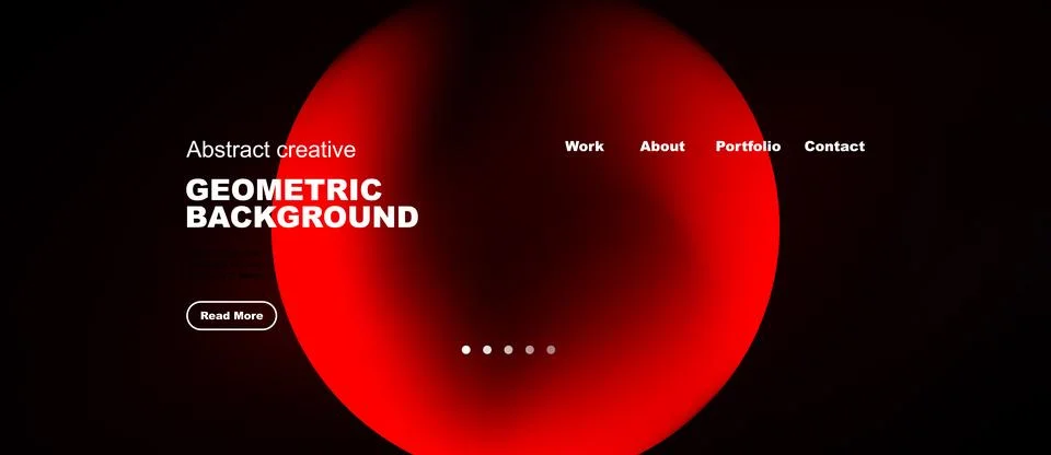 Minimalist website design features red orb, text elements. Dark background Illustrazione stock