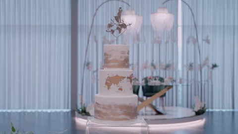 Minimalist wedding cake featuring a world map design with golden Vidéo 286234739