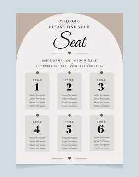Minimalist Wedding Seating Chart Template with Arch Table Cards Stock Illustration
