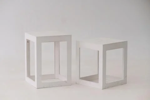 Minimalist White Cube Side Tables in Modern Interior Design with Clean Line.. Stock Photos