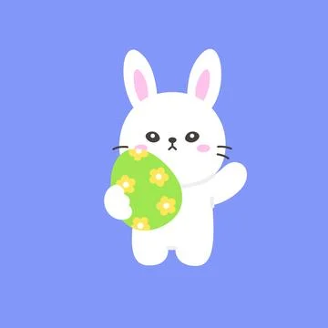 Minimalist White Easter Bunny Holding a Green Egg with Yellow Flowers Stock Illustration