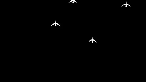 Minimalist white fighter jets flying in formation across a stark black sky .. Stock Footage 338371837
