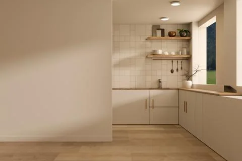 Minimalist white kitchen corner with empty wall mockup. Stock Illustration