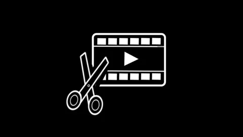Minimalist white line animation of scissors cutting a filmstrip icon Stock Footage 334660703
