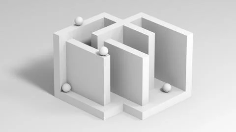 A minimalist white maze structure with small spheres, 3d Stock Illustration
