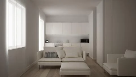 Minimalist white small kitchen design in one bedroom apartment with parquet f Illustrazione stock