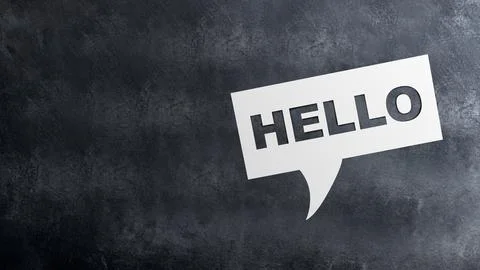 Minimalist white speech bubble with the text HELLO on a dark moody textured.. Stock Photos