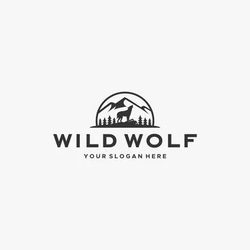 Minimalist WILD WOLF mountain tree logo design Stock Illustration