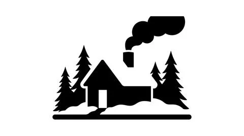 Minimalist Winter Cabin Icon with Pine Trees and Smoke Stock Illustration