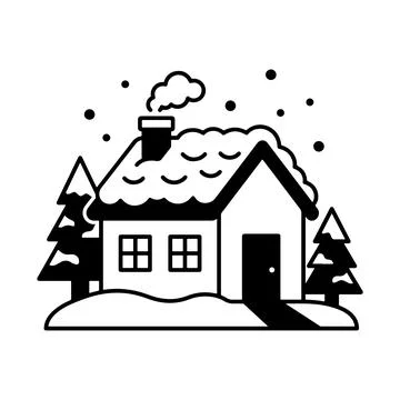Minimalist winter cabin illustration featuring snowy roofline surrounded by.. Ilustración de archivo