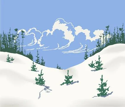 Minimalist winter landscape vector illustration with snowy hills, evergreen t Stock Illustration
