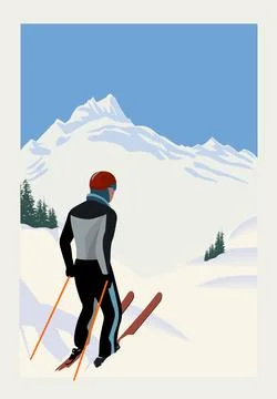 Minimalist winter vector illustration. poster of a skier standing on a snowy  Illustrazione stock