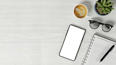 Minimalist Workspace Flat Lay with Smartphone and Coffee 3D Render. Stock Illustration