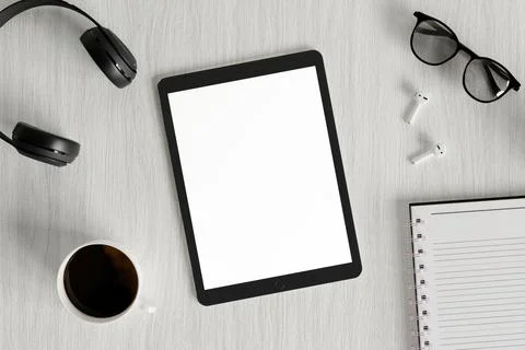 Minimalist Workspace Flat Lay with Tablet and Headphones 3D Render Stock Illustration