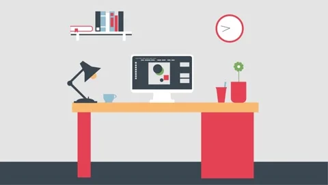Minimalist Workspace Illustration with Desk, Computer, Clock, and Bookshelf.. 스톡 동영상 341919970