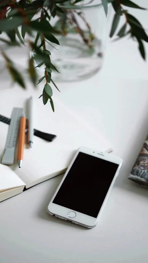 A minimalist workspace with a smartphone, notebook, and green foliage. Video stock 343032949