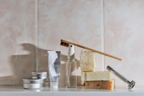 Minimalist zero waste bath and skin care still life, loofa sponge, reusable m Stock Photos