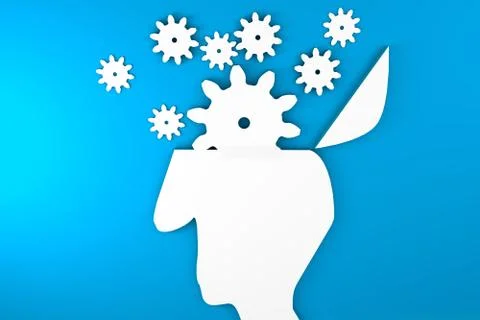 Minimalistic 3d Render head with gear wheels Illustrazione stock