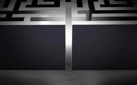Minimalistic 3D render of maze is revealing narrow illuminated gap through dark Stock Illustration
