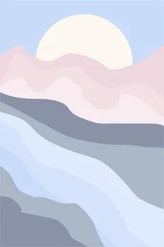 Minimalistic abstract landscape waterfall sun mountains vector Stock Illustration