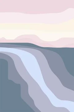 Minimalistic abstract landscape waterfall sun mountains vector Stock Illustration