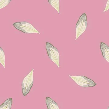 Minimalistic abstract seamless pattern with cute white leaf ornament. Pink ba Illustrazione stock