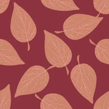 Minimalistic abstract seamless pattern with doodle leaf ornament. Maroon back Stock Illustration