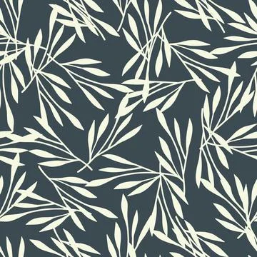 Minimalistic abstract seamless pattern with white leaf silhouettes print. Blu Stock Illustration