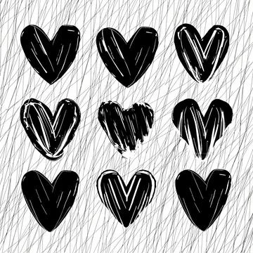 Minimalistic and small hand-drawn black ink hearts Stock Illustration