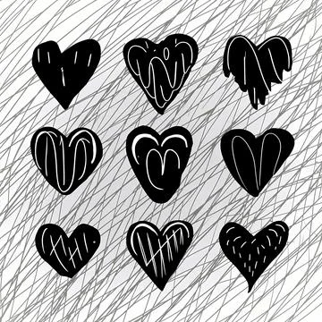 Minimalistic and small hand-drawn black ink hearts Stock Illustration