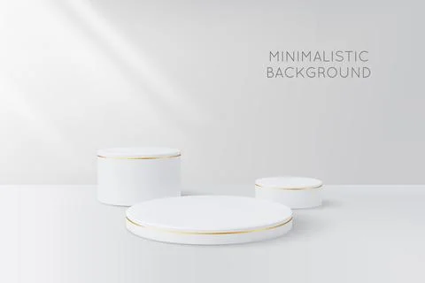 Minimalistic background with white round podium stands, 3D pedestals with golden Stock Illustration