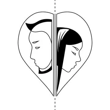 Minimalistic black and white couple profile in contour heart Stock Illustration