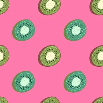 Minimalistic bright seamless pattern with doodle kiwi slice elements. Pink ba Stock Illustration
