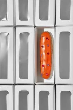 A minimalistic composition with an eclair lying in a box. Stock Photos