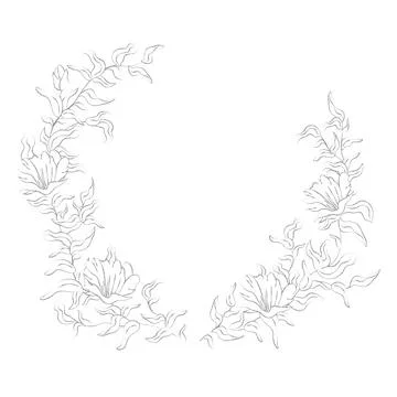 Minimalistic decorative composition semicircle of leaves with flowers line hand Stock Illustration