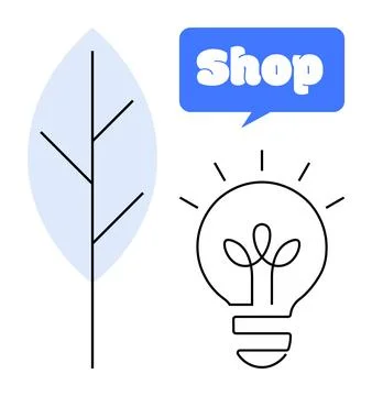 Minimalistic design of a lightbulb, leaf, and a blue speech bubble saying Sho 库存插图
