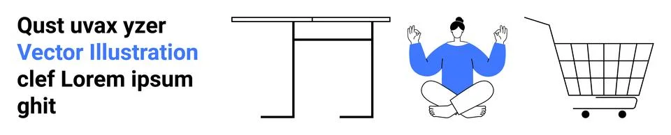 Minimalistic design shows text, a table, a person meditating, and a shopping  Stock Illustration