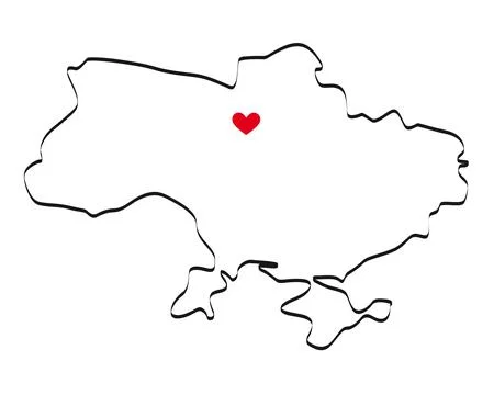 Minimalistic drawing of a map of Ukraine with a red heart in the place wher.. Stock Illustration