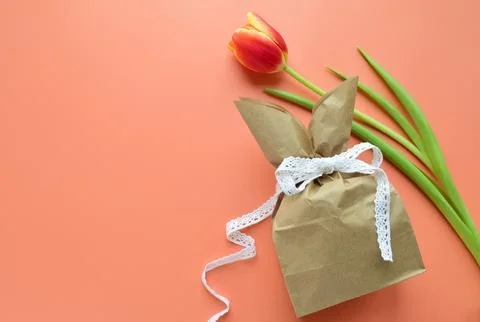 Minimalistic Easter background with gift and flowers Stock Photos